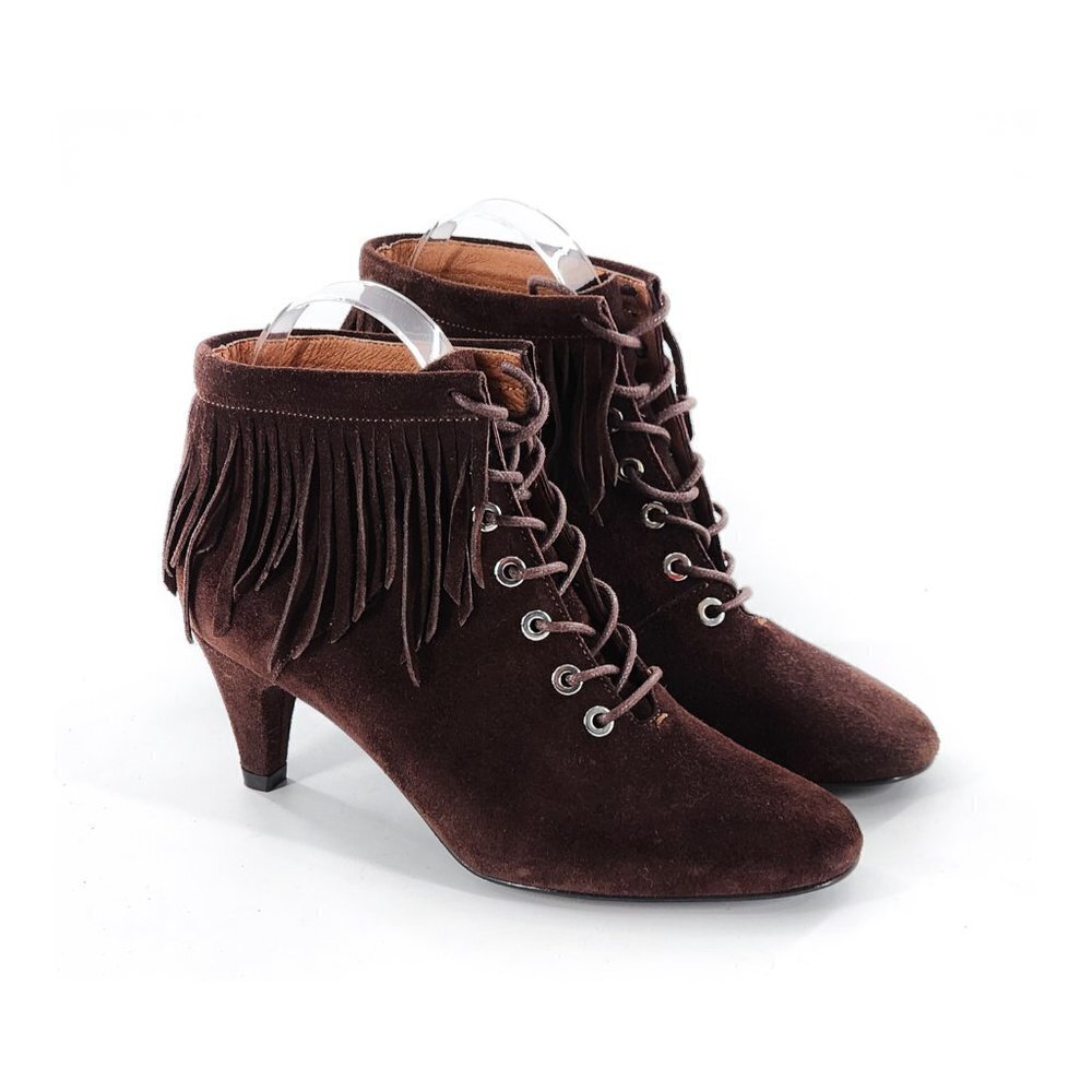 MAJE Fox‎ Suede Ankle Fringe Bootie Brown NEW Floor Model